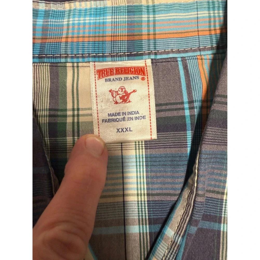 True Religion Mens XXXL Blue Plaid Western Snap Short Sleeve Shirt Horseshoe